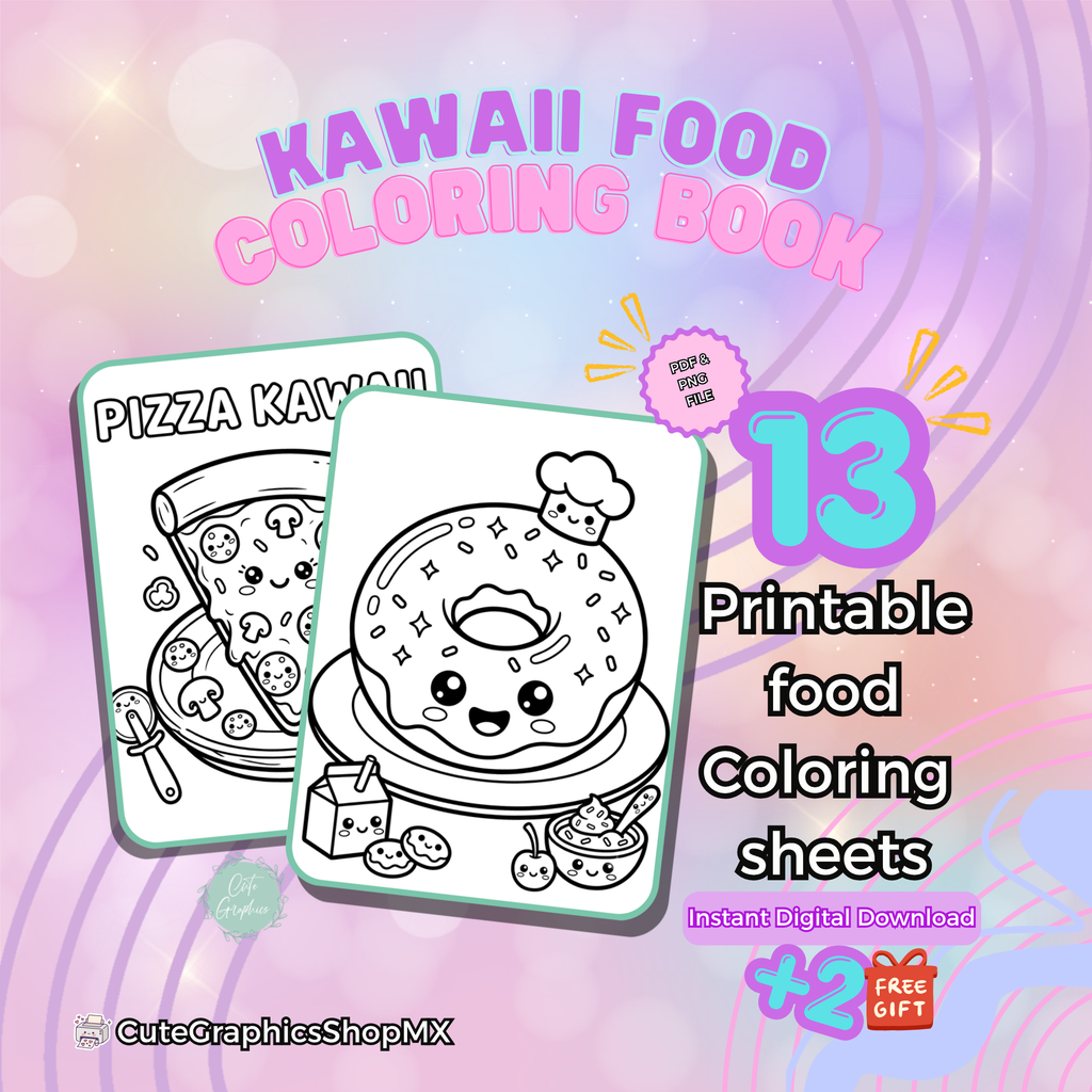 Libro para colorear imprimible. Kawaii food