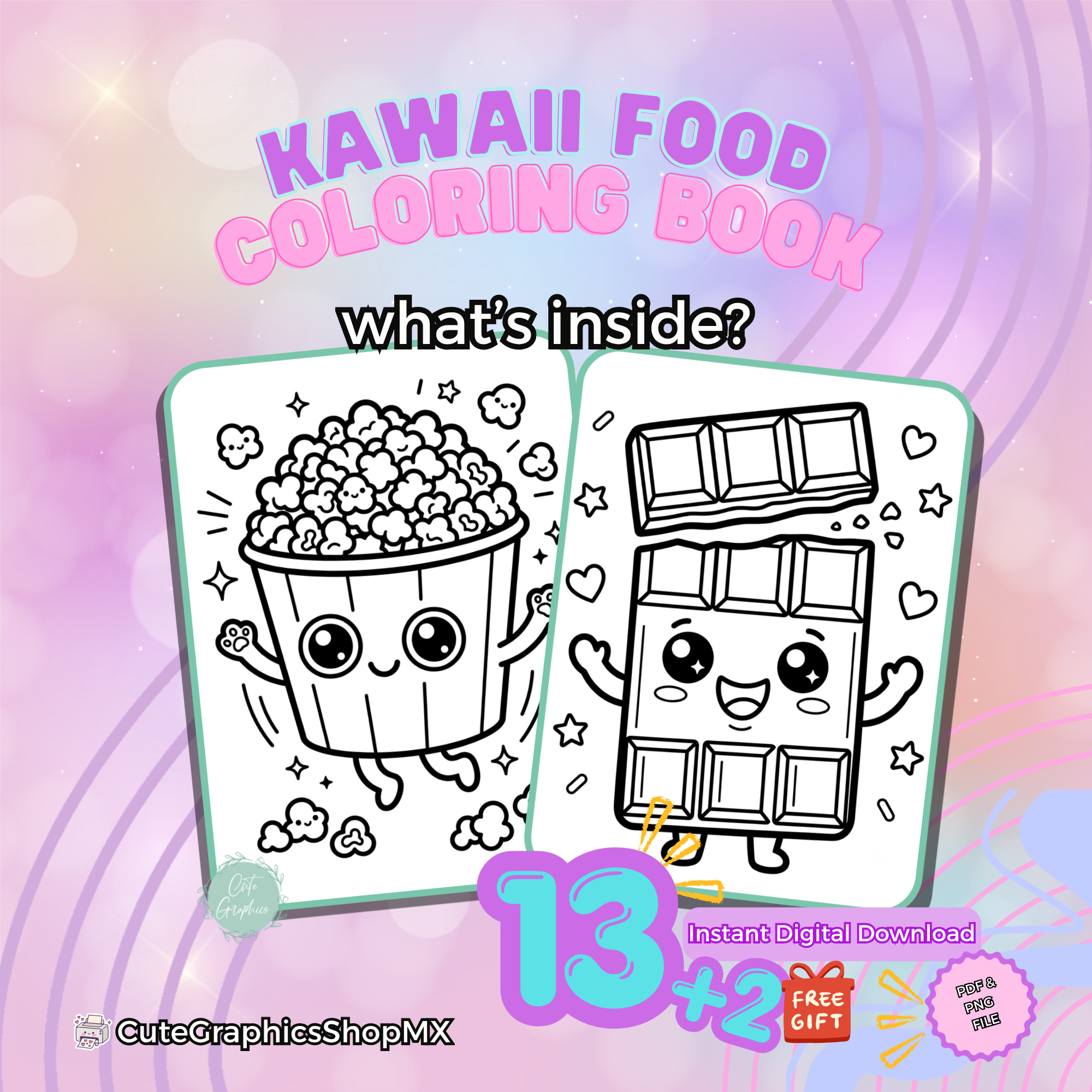 Libro para colorear imprimible. Kawaii food